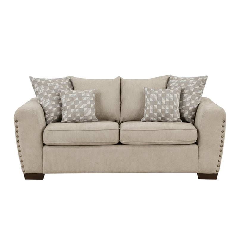 Gini 70 Inch Loveseat- 6 Pillows- Nailhead Trim- Brown Chenille- Solid Wood
