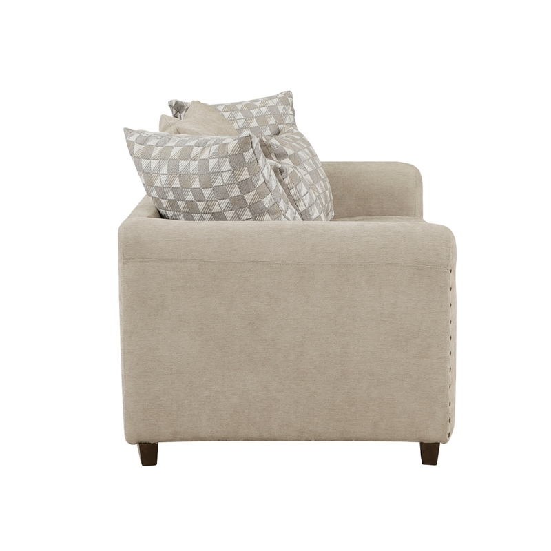 Gini 70 Inch Loveseat- 6 Pillows- Nailhead Trim- Brown Chenille- Solid Wood