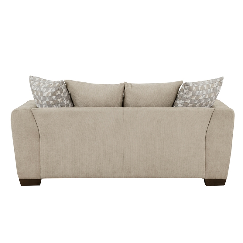 Gini 70 Inch Loveseat- 6 Pillows- Nailhead Trim- Brown Chenille- Solid Wood