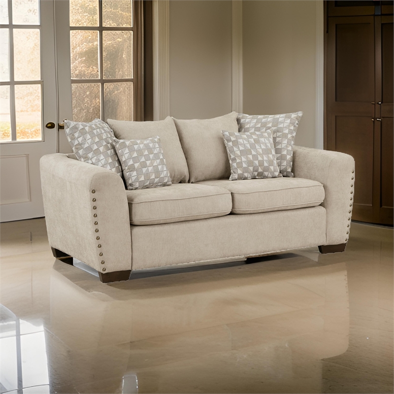 Gini 70 Inch Loveseat- 6 Pillows- Nailhead Trim- Brown Chenille- Solid Wood