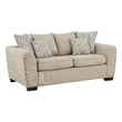 Gini 70 Inch Loveseat- 6 Pillows- Nailhead Trim- Brown Chenille- Solid Wood