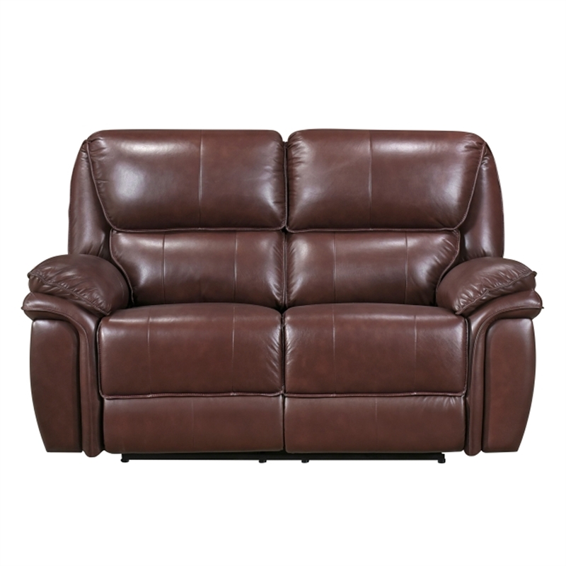 Jack 66 Inch Manual Recliner Loveseat- Plush Brown Top Grain Leather- Wood