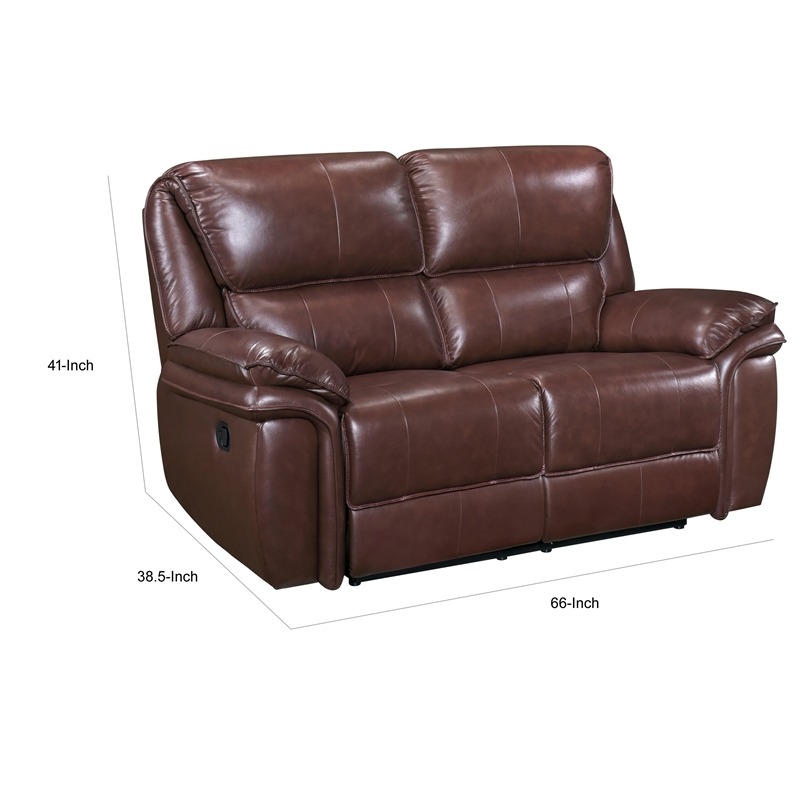 Jack 66 Inch Manual Recliner Loveseat- Plush Brown Top Grain Leather- Wood