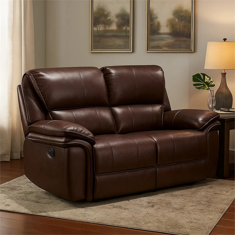 Jack 66 Inch Manual Recliner Loveseat- Plush Brown Top Grain Leather- Wood