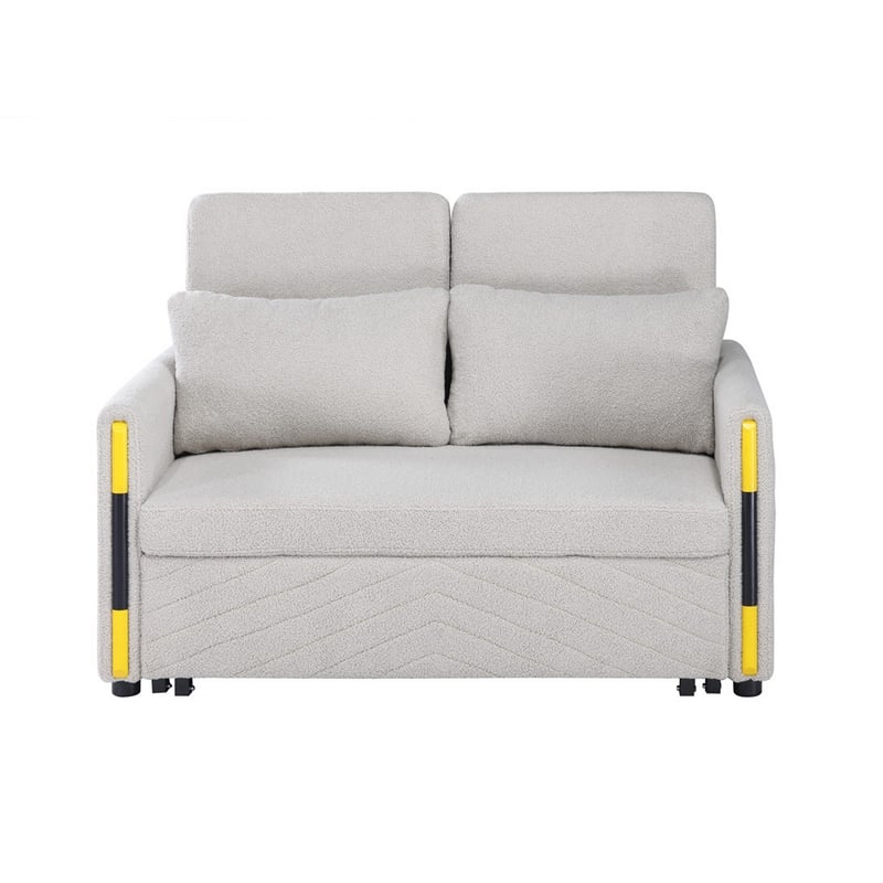 Pcy 56 Inch Sleeper Loveseat with Side Pockets- Beige Teddy Velvet- Wood