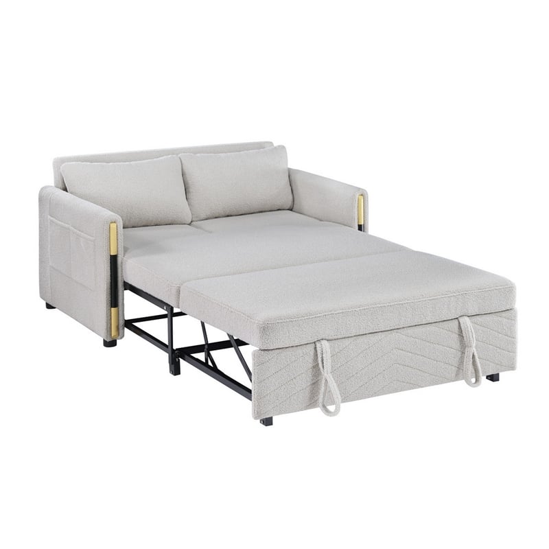 Pcy 56 Inch Sleeper Loveseat with Side Pockets- Beige Teddy Velvet- Wood