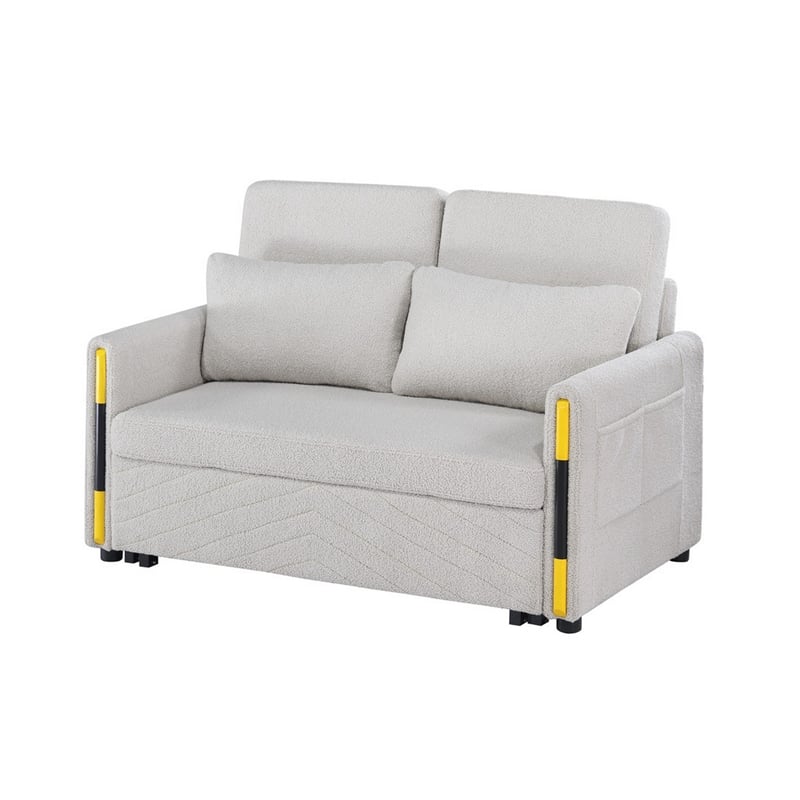 Pcy 56 Inch Sleeper Loveseat with Side Pockets- Beige Teddy Velvet- Wood