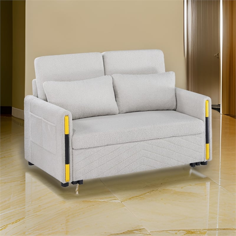 Pcy 56 Inch Sleeper Loveseat with Side Pockets- Beige Teddy Velvet- Wood