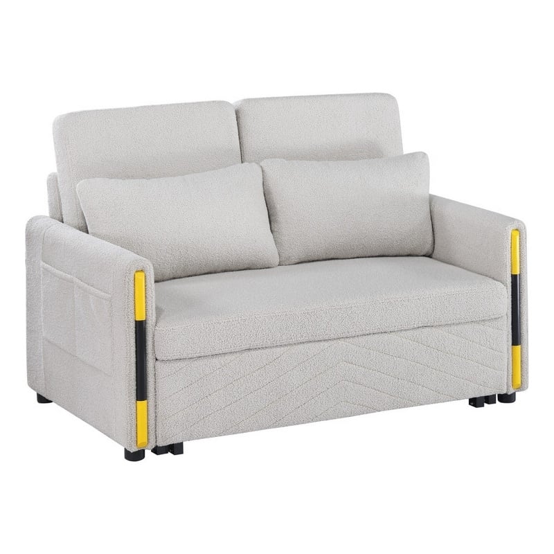 Pcy 56 Inch Sleeper Loveseat with Side Pockets- Beige Teddy Velvet- Wood