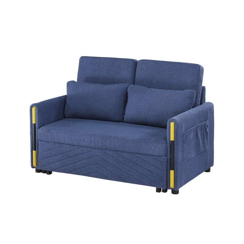 Pcy 56 Inch Sleeper Loveseat with Side Pockets- Blue Teddy Velvet- Wood