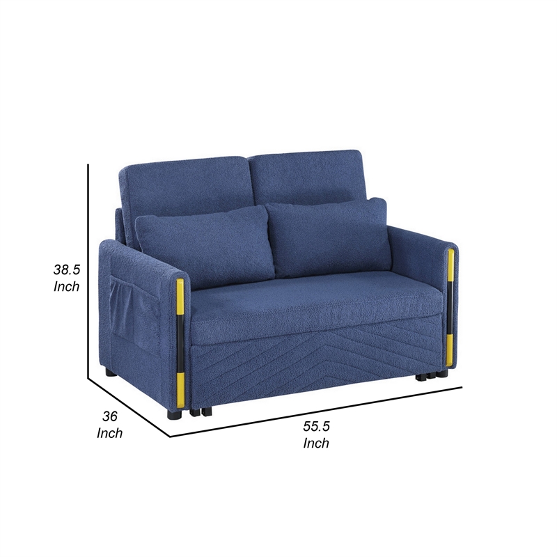 Pcy 56 Inch Sleeper Loveseat with Side Pockets- Blue Teddy Velvet- Wood
