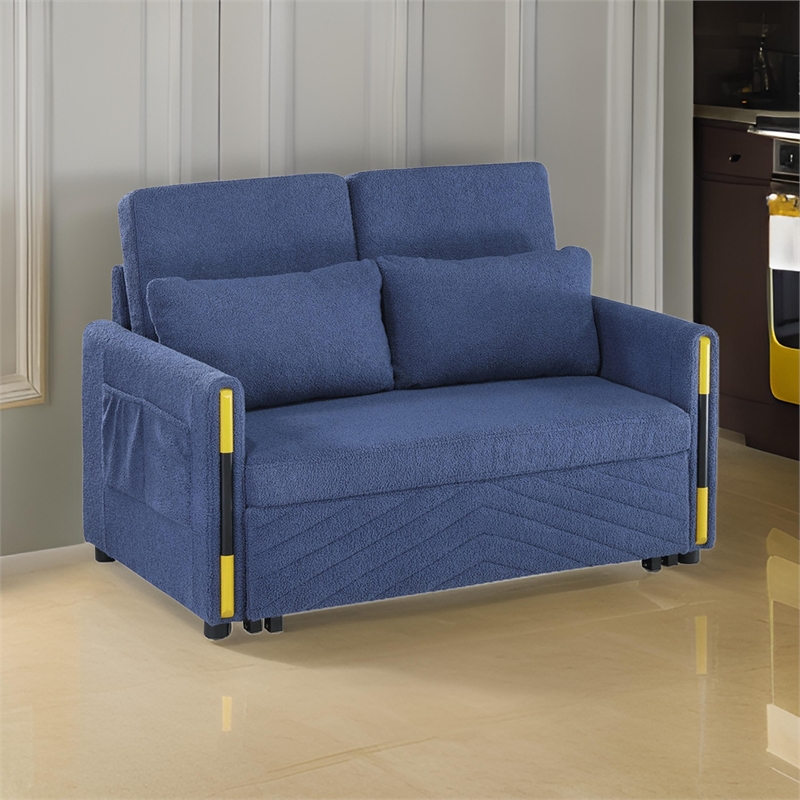 Pcy 56 Inch Sleeper Loveseat with Side Pockets- Blue Teddy Velvet- Wood