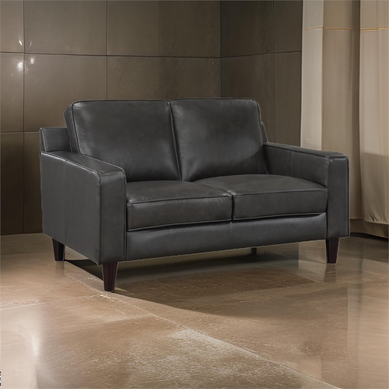Richie 60 Inch Loveseat- Gray Top Grain and Faux Leather- Solid Wood