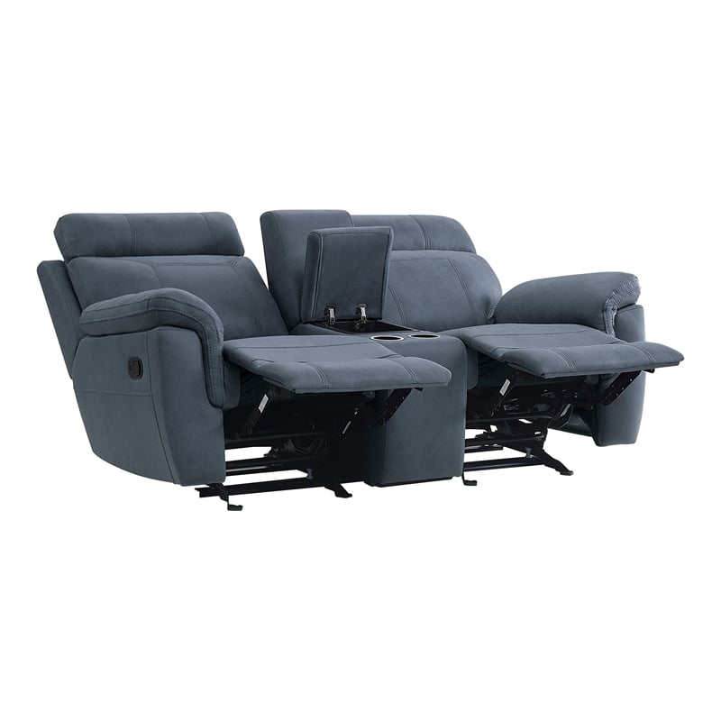 Clif 76 Inch Manual Glider Reclining Loveseat- Solid Wood- Blue Microfiber