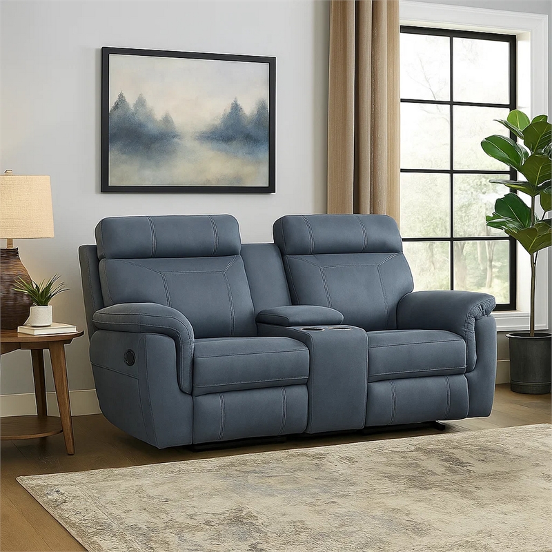 Clif 76 Inch Manual Glider Reclining Loveseat- Solid Wood- Blue Microfiber