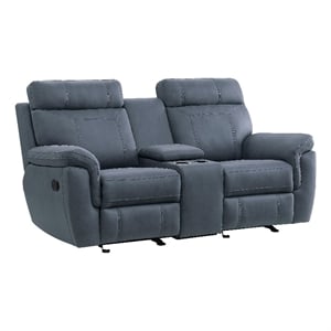 Clif 76 Inch Manual Glider Reclining Loveseat- Solid Wood- Blue Microfiber