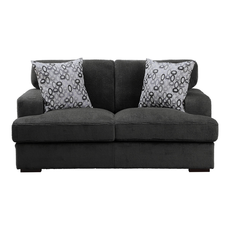 Meadow 68 Inch Loveseat- Gray Microfiber- 2 Pillows- Brown Solid Wood