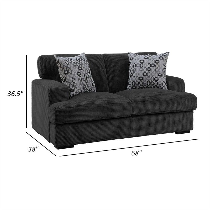 Meadow 68 Inch Loveseat- Gray Microfiber- 2 Pillows- Brown Solid Wood