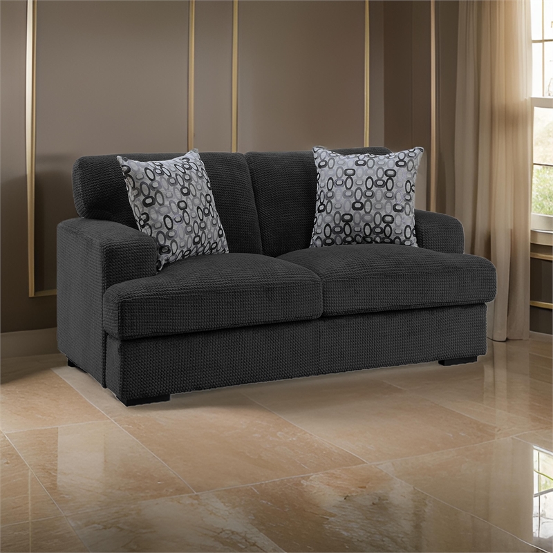 Meadow 68 Inch Loveseat- Gray Microfiber- 2 Pillows- Brown Solid Wood