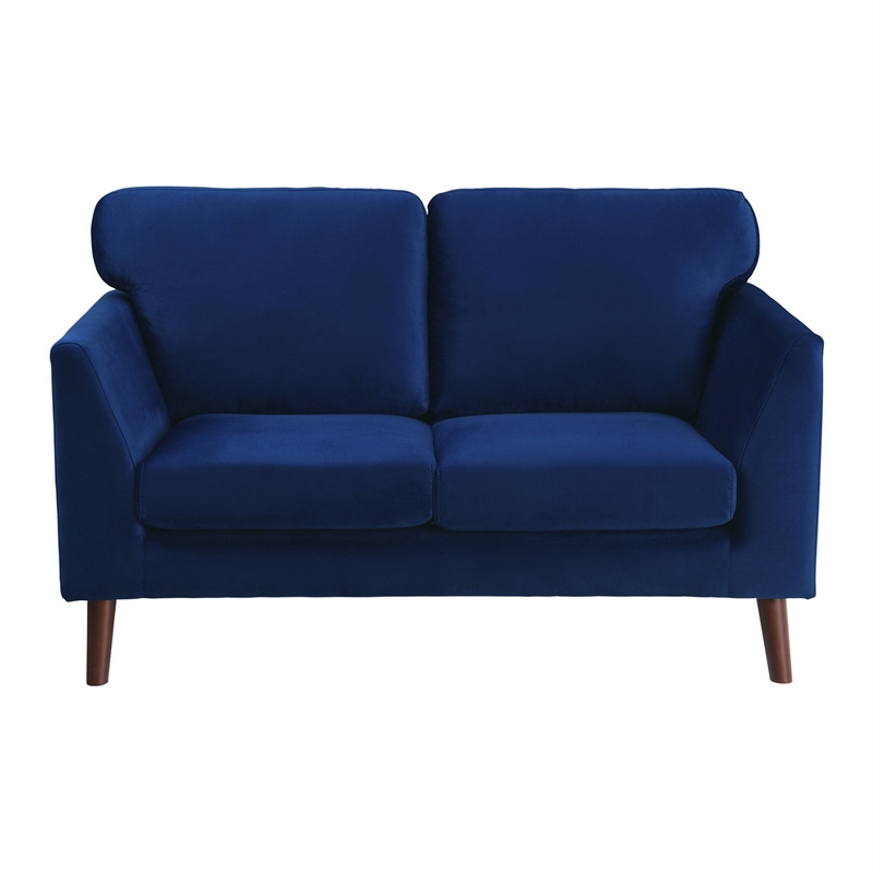 Brad 58 Inch Loveseat- Blue Velvet Reversible Cushions- Dark Brown Legs