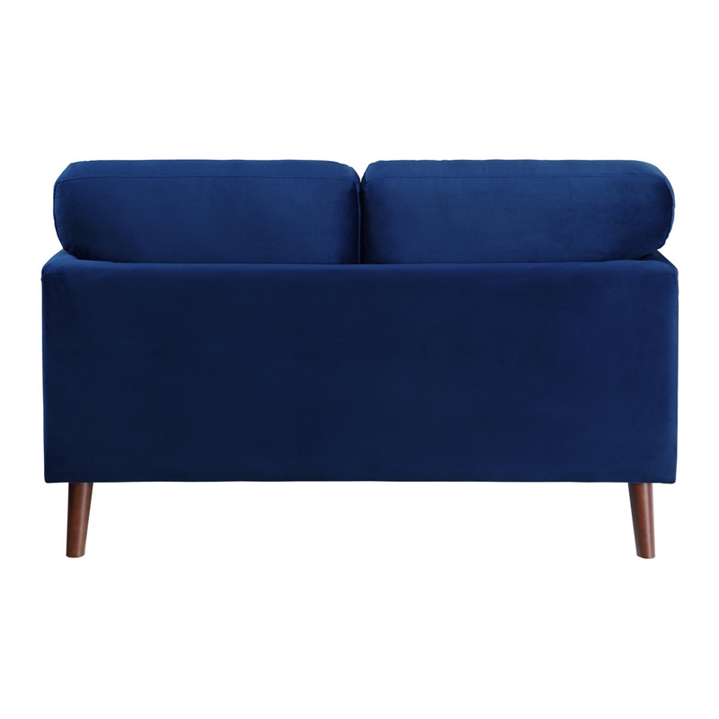 Brad 58 Inch Loveseat- Blue Velvet Reversible Cushions- Dark Brown Legs