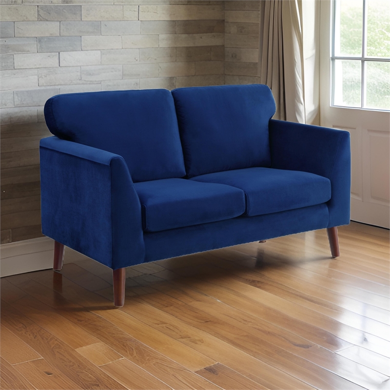 Brad 58 Inch Loveseat- Blue Velvet Reversible Cushions- Dark Brown Legs
