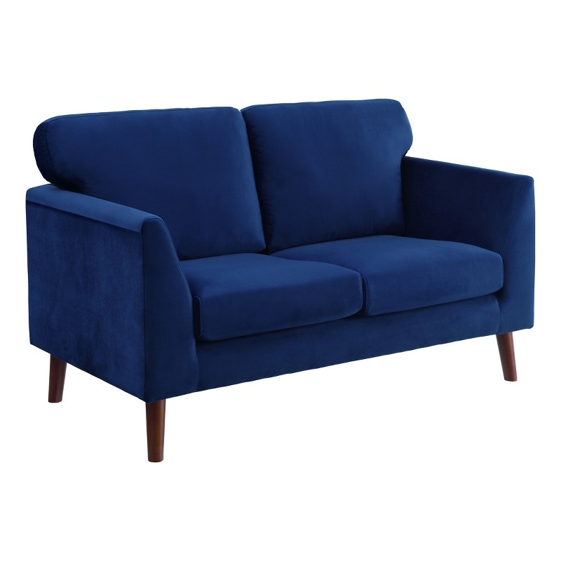 Brad 58 Inch Loveseat- Blue Velvet Reversible Cushions- Dark Brown Legs