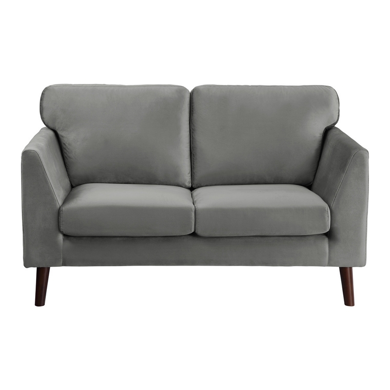 Brad 58 Inch Loveseat- Gray Velvet- Reversible Cushions- Dark Brown Wood