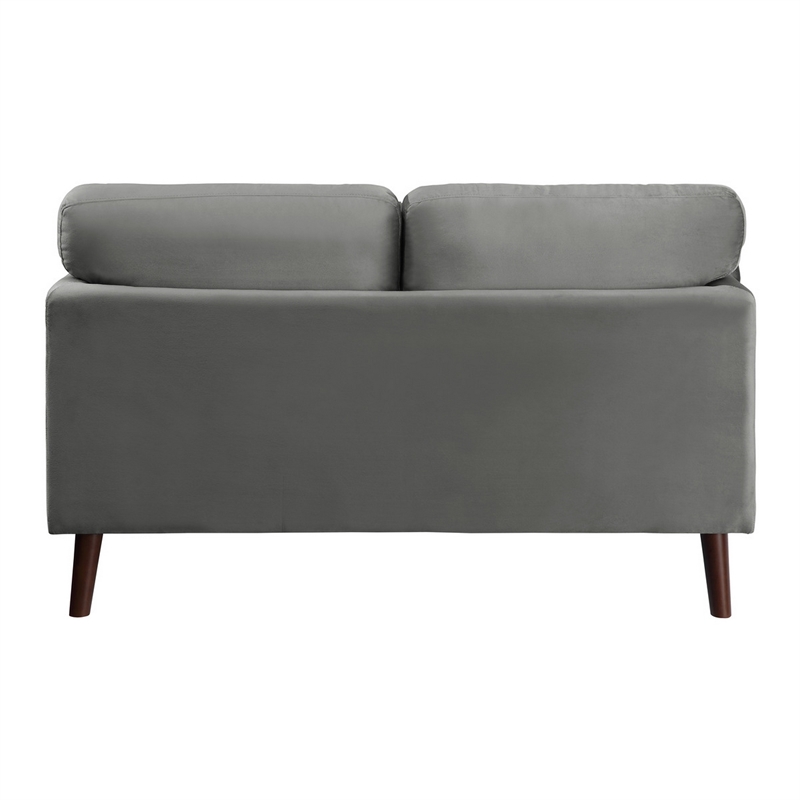 Brad 58 Inch Loveseat- Gray Velvet- Reversible Cushions- Dark Brown Wood
