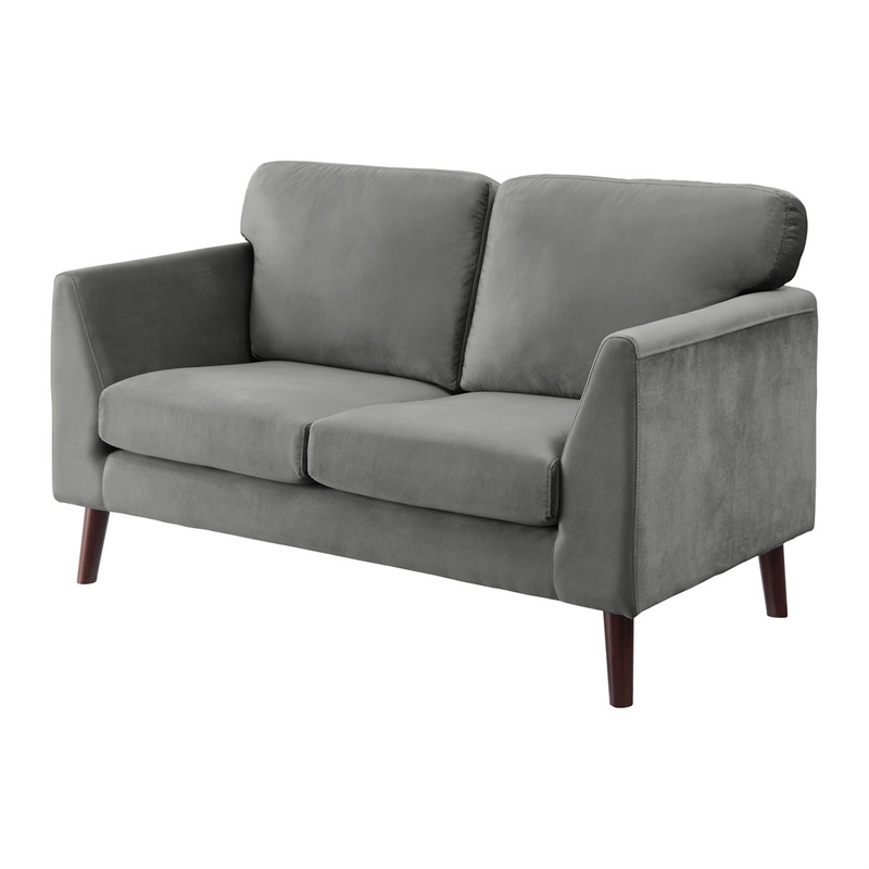 Brad 58 Inch Loveseat- Gray Velvet- Reversible Cushions- Dark Brown Wood