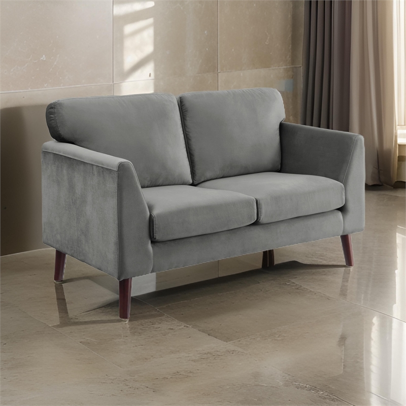 Brad 58 Inch Loveseat- Gray Velvet- Reversible Cushions- Dark Brown Wood