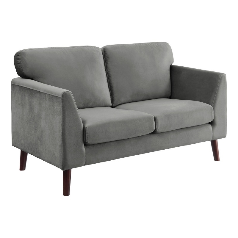 Brad 58 Inch Loveseat- Gray Velvet- Reversible Cushions- Dark Brown Wood