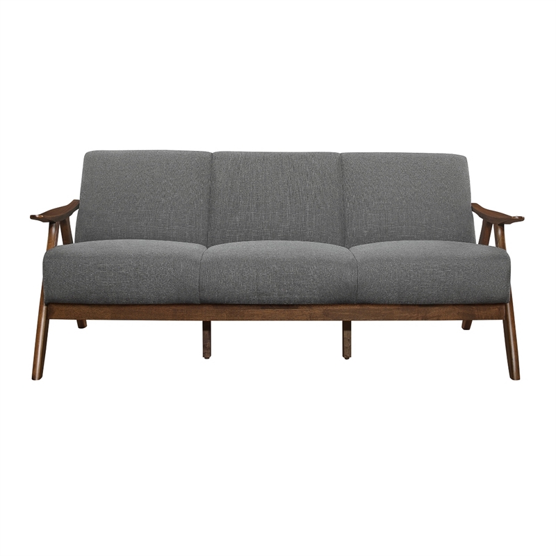 Indy 73 Inch Sofa- Brown Wood Angled Frame- Textured Light Gray Fabric