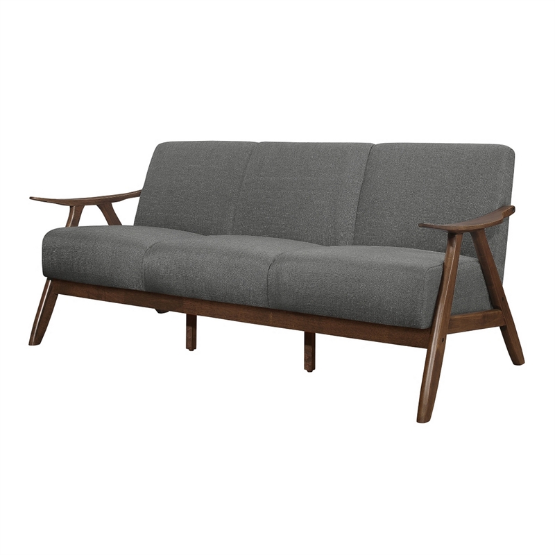 Indy 73 Inch Sofa- Brown Wood Angled Frame- Textured Light Gray Fabric