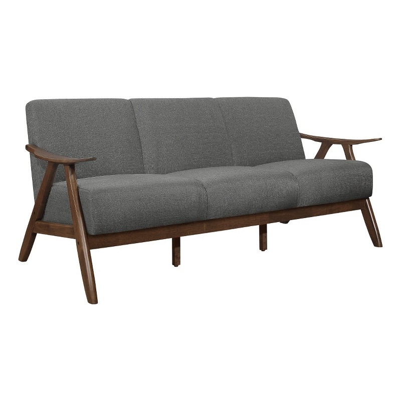 Indy 73 Inch Sofa- Brown Wood Angled Frame- Textured Light Gray Fabric