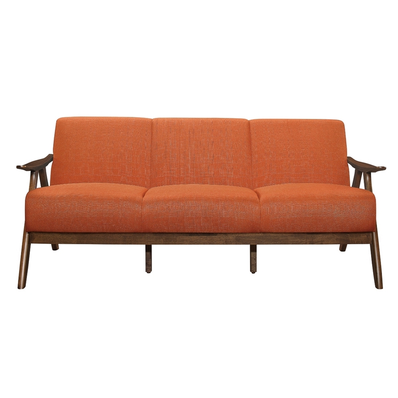 Indy 73 Inch Sofa- Brown Wood Angled Frame- Cozy Textured Orange Fabric