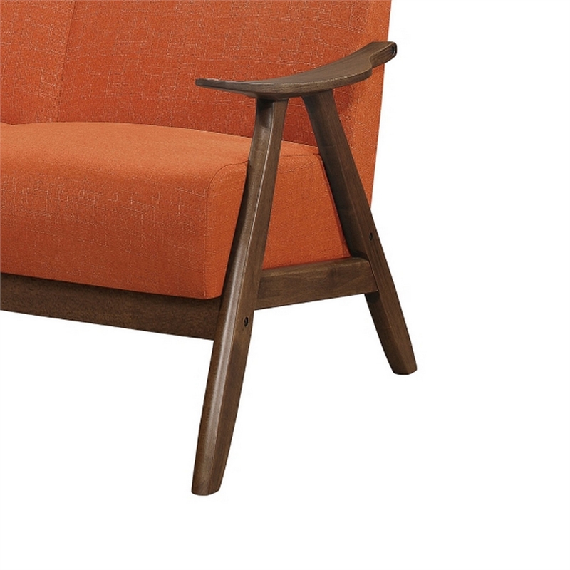 Indy 73 Inch Sofa- Brown Wood Angled Frame- Cozy Textured Orange Fabric