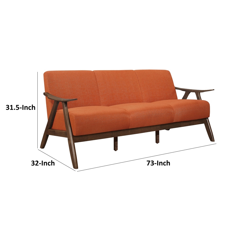Indy 73 Inch Sofa- Brown Wood Angled Frame- Cozy Textured Orange Fabric