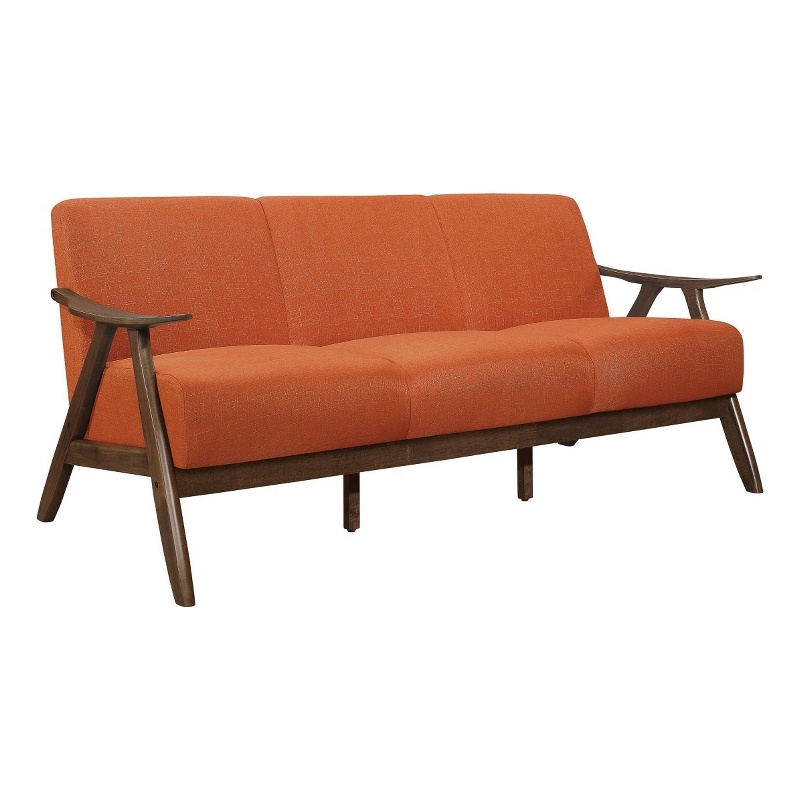 Indy 73 Inch Sofa- Brown Wood Angled Frame- Cozy Textured Orange Fabric