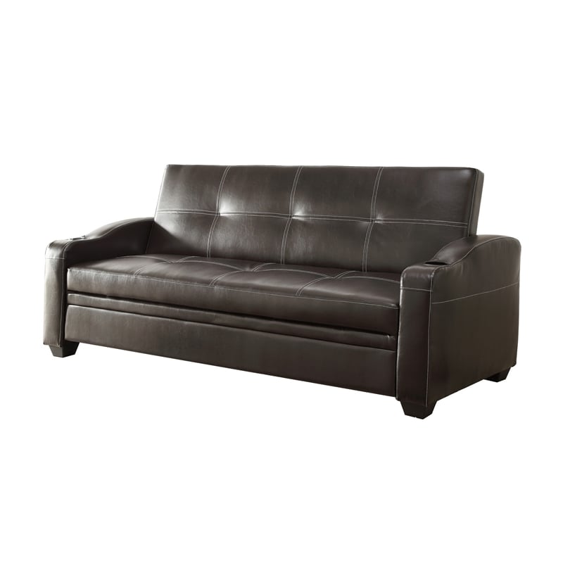 Ferry 83 Inch Lounger Sofa Bed- Tufted Brown Faux Leather- Solid Wood