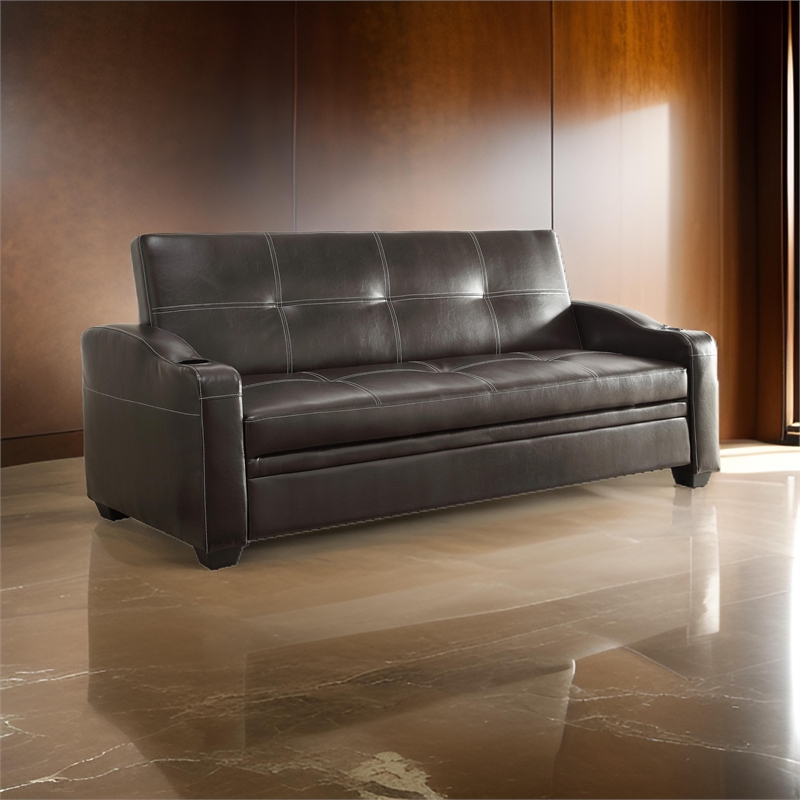 Ferry 83 Inch Lounger Sofa Bed- Tufted Brown Faux Leather- Solid Wood