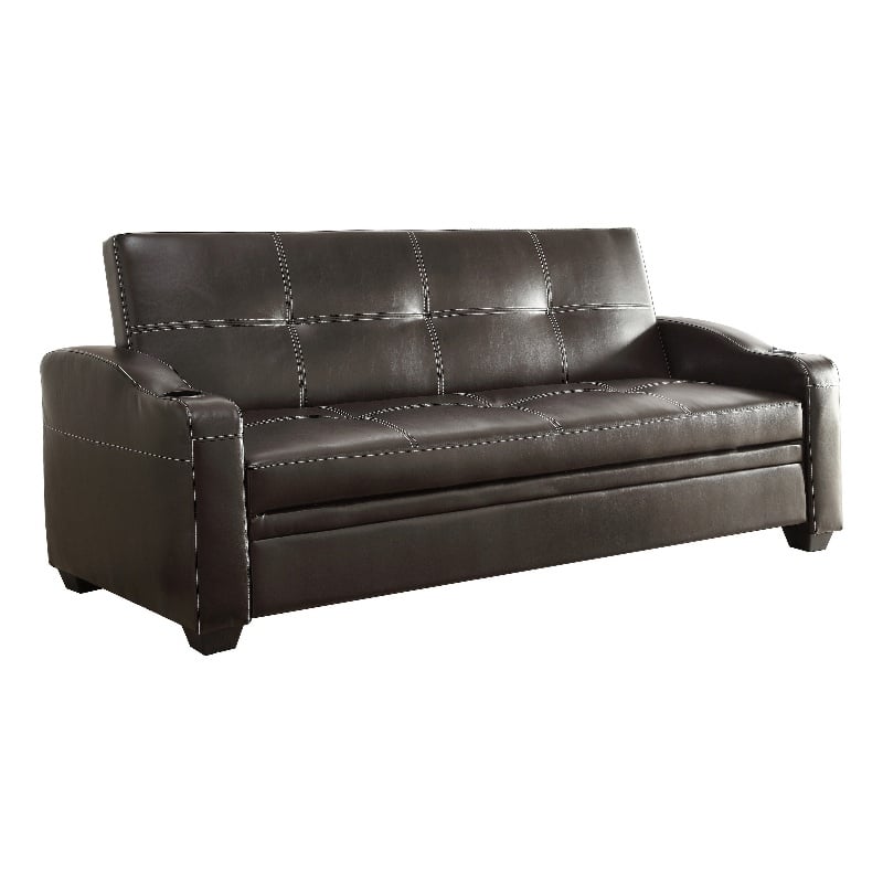 Ferry 83 Inch Lounger Sofa Bed- Tufted Brown Faux Leather- Solid Wood