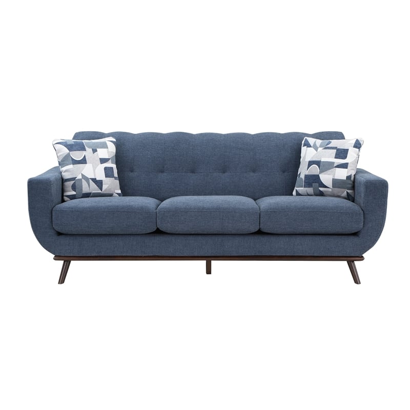 Keto 87 Inch Sofa- Blue Chenille- 2 Throw Pillows- Brown Solid Wood