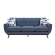 Keto 87 Inch Sofa- Blue Chenille- 2 Throw Pillows- Brown Solid Wood