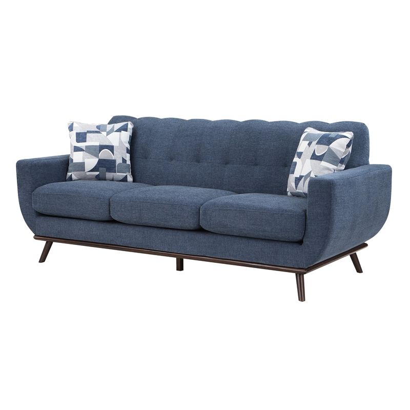 Keto 87 Inch Sofa- Blue Chenille- 2 Throw Pillows- Brown Solid Wood