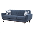 Keto 87 Inch Sofa- Blue Chenille- 2 Throw Pillows- Brown Solid Wood