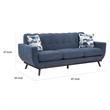 Keto 87 Inch Sofa- Blue Chenille- 2 Throw Pillows- Brown Solid Wood