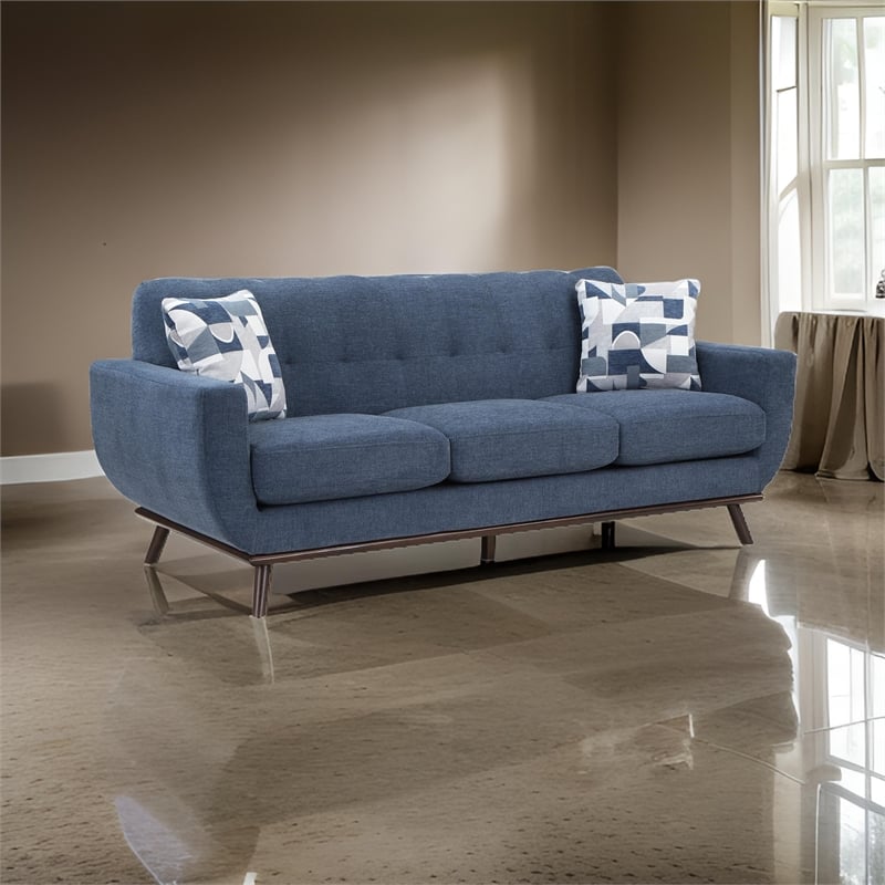 Keto 87 Inch Sofa- Blue Chenille- 2 Throw Pillows- Brown Solid Wood
