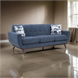 Keto 87 Inch Sofa- Blue Chenille- 2 Throw Pillows- Brown Solid Wood