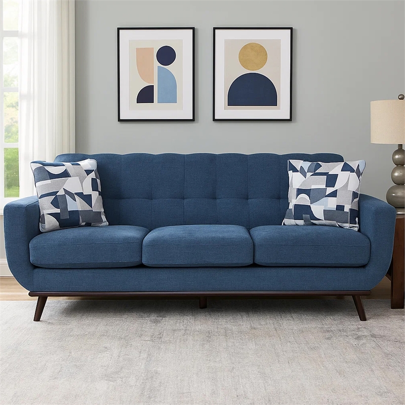 Keto 87 Inch Sofa- Blue Chenille- 2 Throw Pillows- Brown Solid Wood